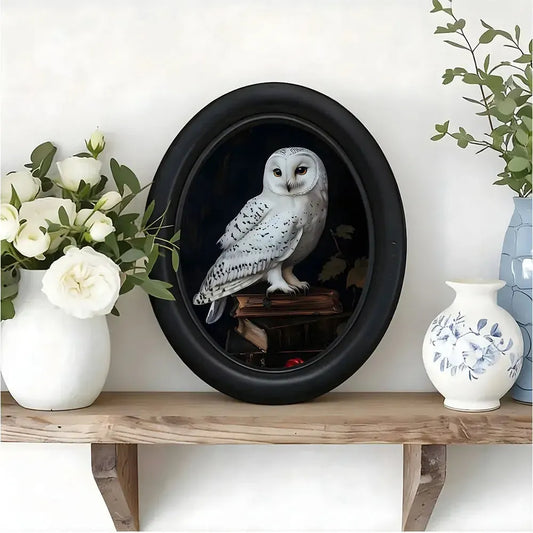 Owl on Book Oval Frame Wall Decoration – close-up detail