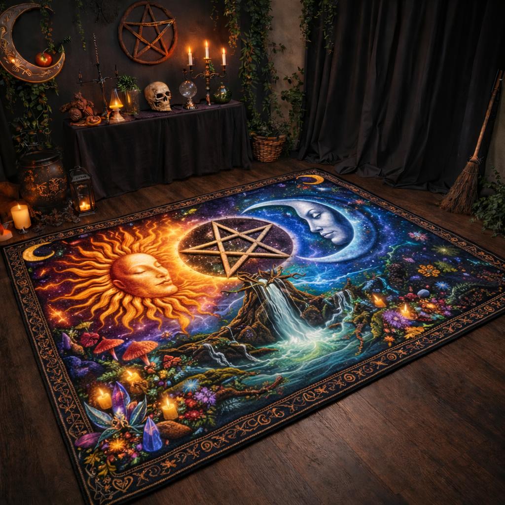 Pagan Area Rug with Pentacle, Sun and Moon – Wicca Carpet for Mystical Home Decor-MoonChildWorld