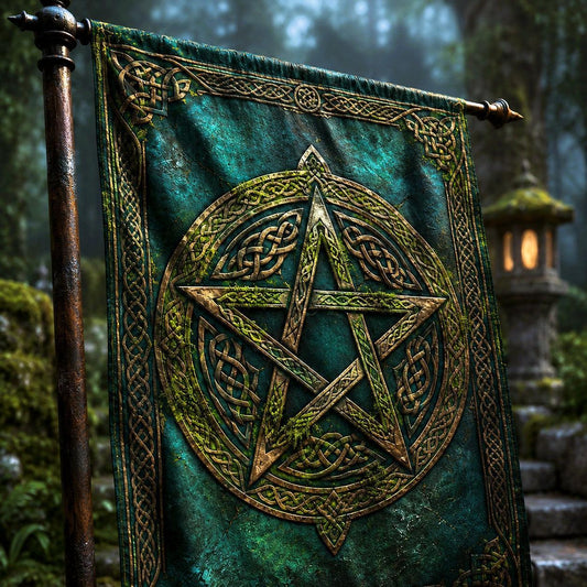 Pagan Celtic Pentacle house flag displayed outdoors on a garden flag stand