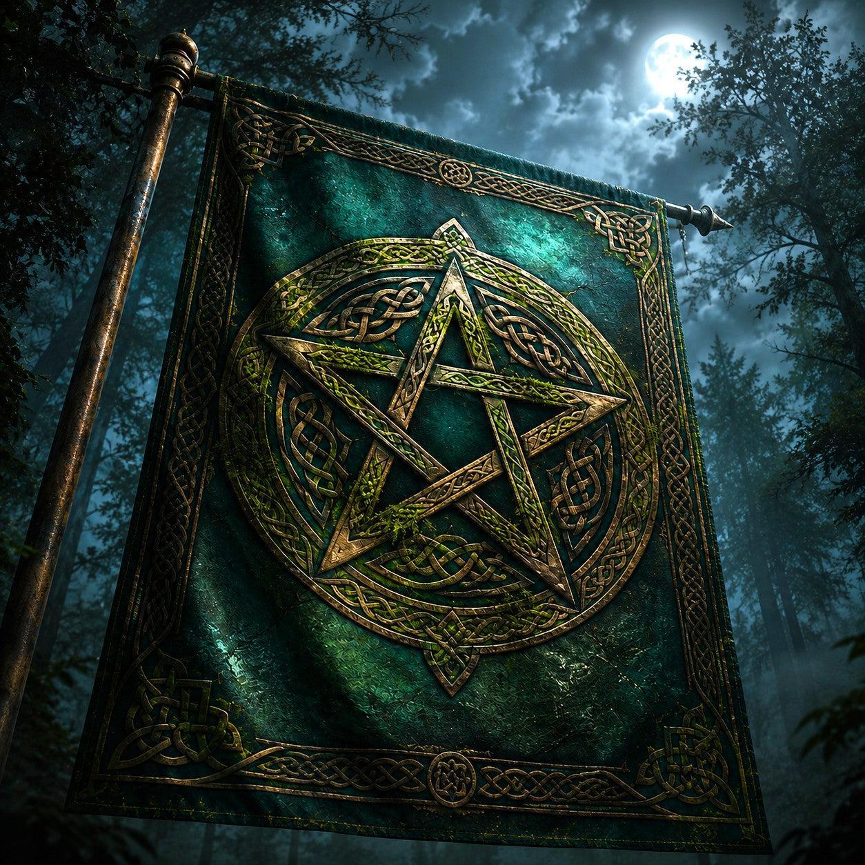 Pagan Celtic Pentacle house flag mockup hanging outdoors as pagan decor