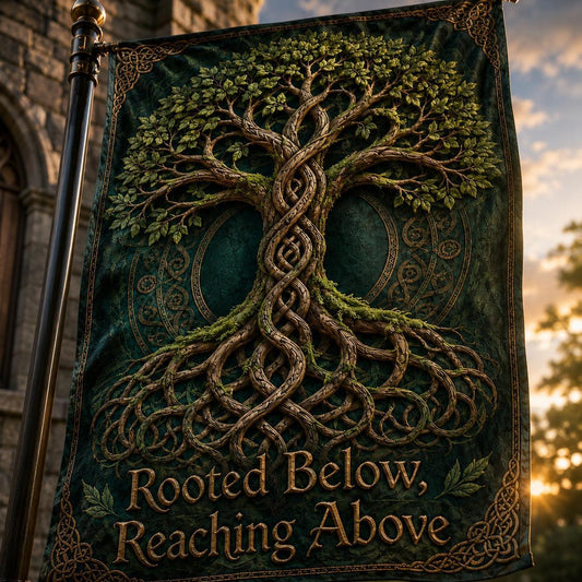 Pagan Celtic Tree of Life house flag displayed outdoors on a garden flag stand