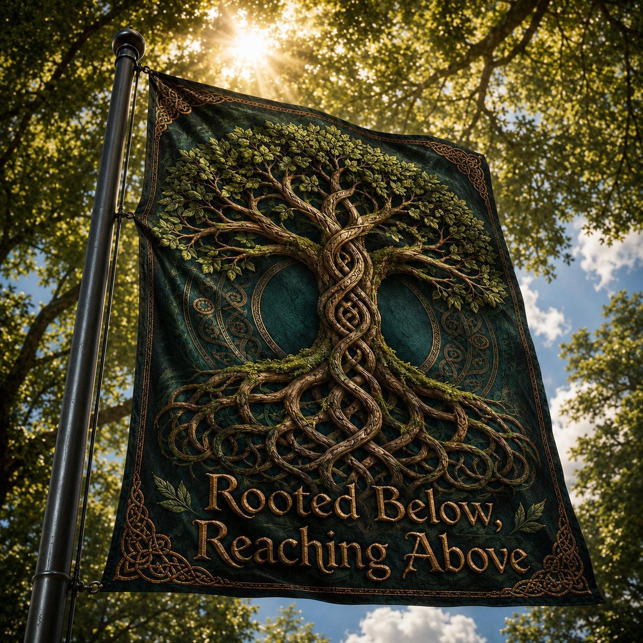 Pagan Celtic Tree of Life house flag mockup hanging outdoors as garden decor