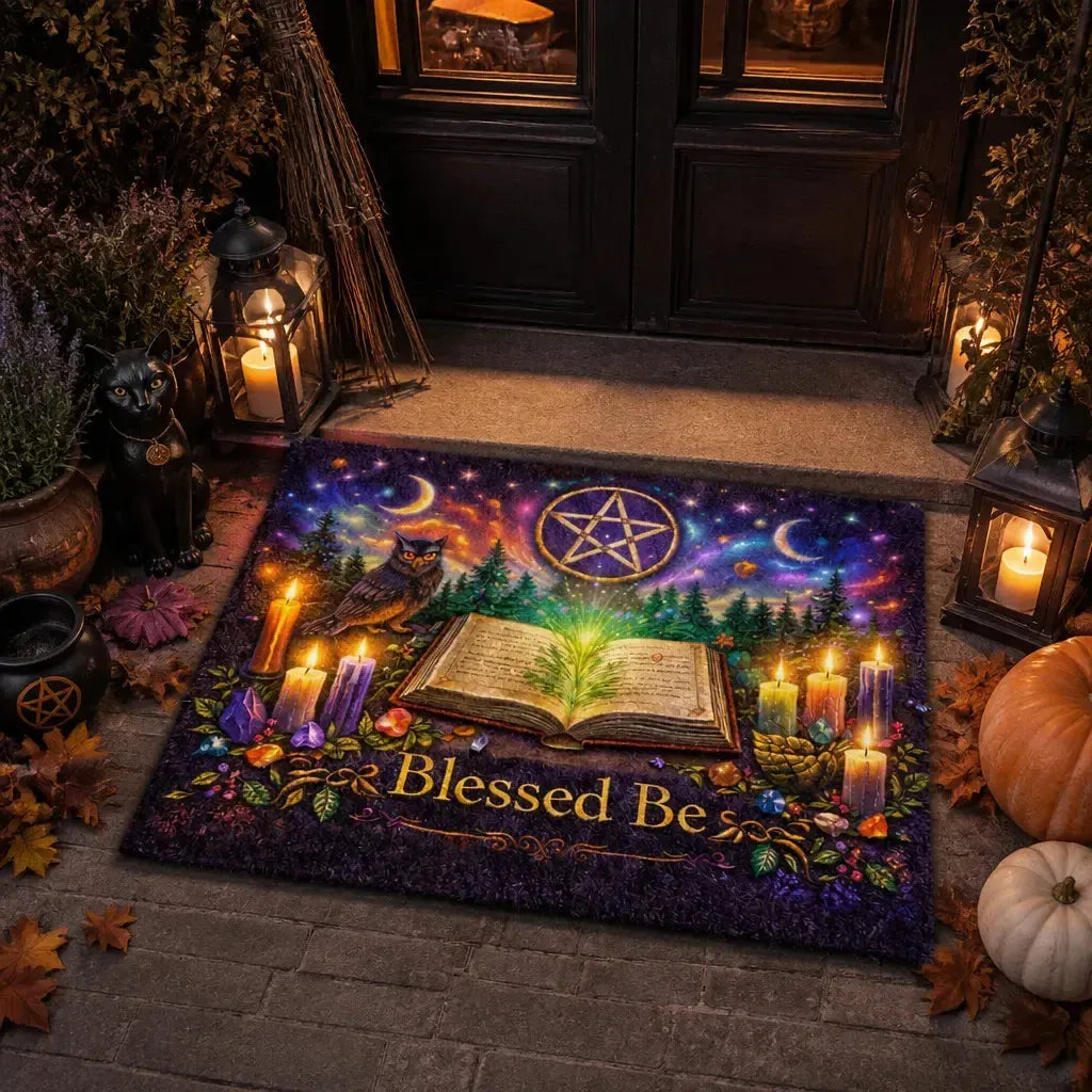 Pagan Doormat with Moon, Pentacle, Owl & Mystical Elements – Spiritual Wicca Welcome Mat for Mystical Decor_mockup_1.webp