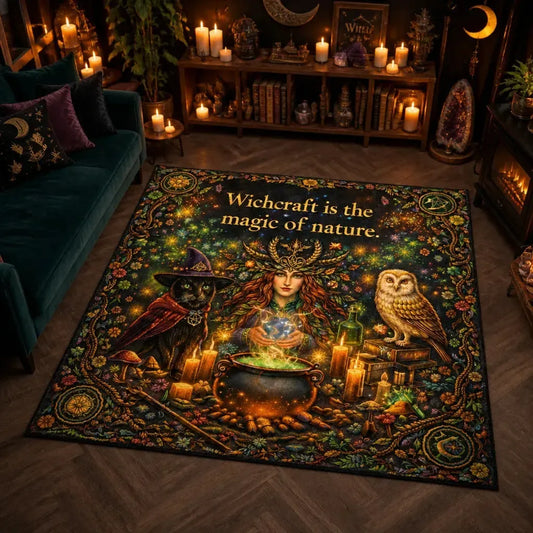 Pagan Forest Goddess Area Rug with Witchy Cat & Owl - Wicca Carpet for Spiritual Decor_mockup_1.webp