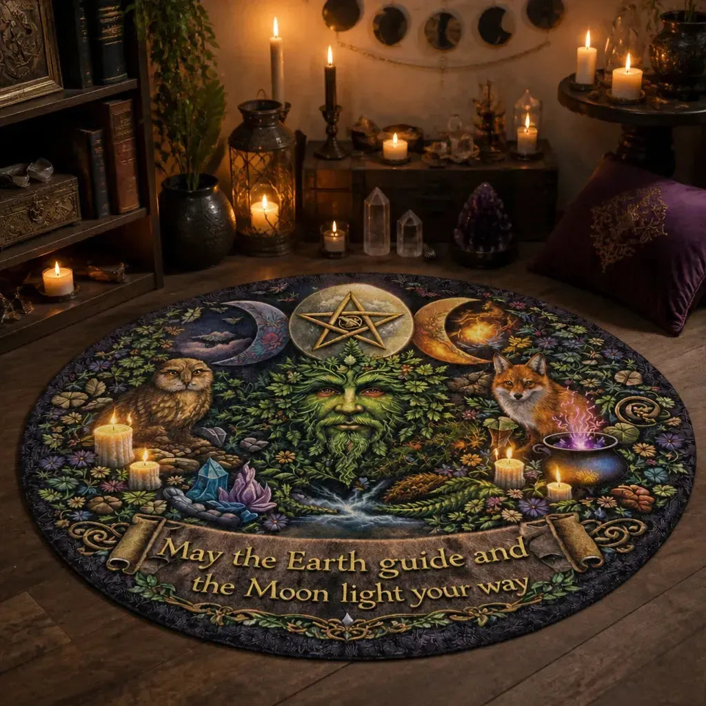 Pagan Green Man Round Rug Raven Owl Wiccan Carpet for Yule Home Decor_mockup_1.webp