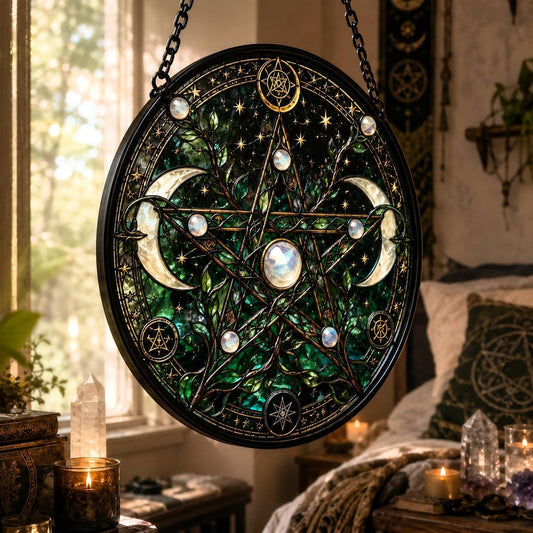 Pagan Moon Pentagram Glass Suncatcher - hanging view