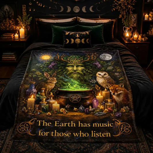 Pagan Nature-Themed Blanket with Spirit Animals and Green Man_mockup_1.webp