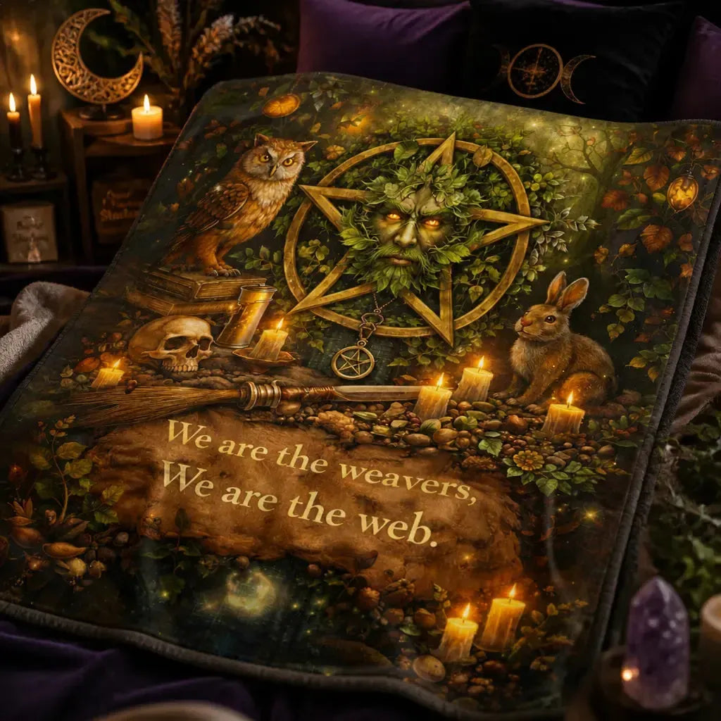 Pagan Nature-Themed Blanket with Owl, Rabbit, and Green Man_mockup_3.webp