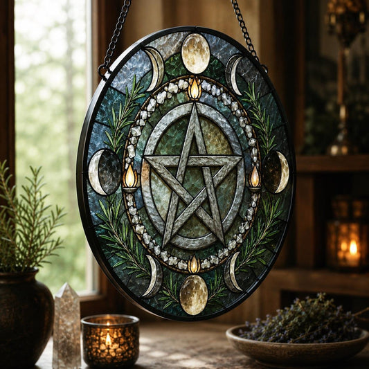 Pagan Pentacle Protection Glass Suncatcher - hanging view