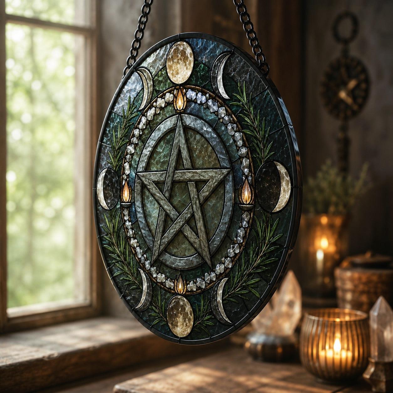 Pagan Pentacle Protection Glass Suncatcher - close up detail