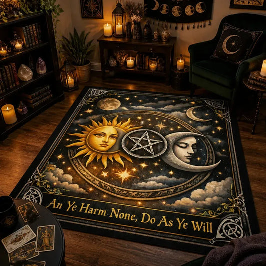 Pagan Pentacle & Sun Moon Goddess Area Rug – Mystical Wicca Carpet for Astrology Decor_mockup_1.webp
