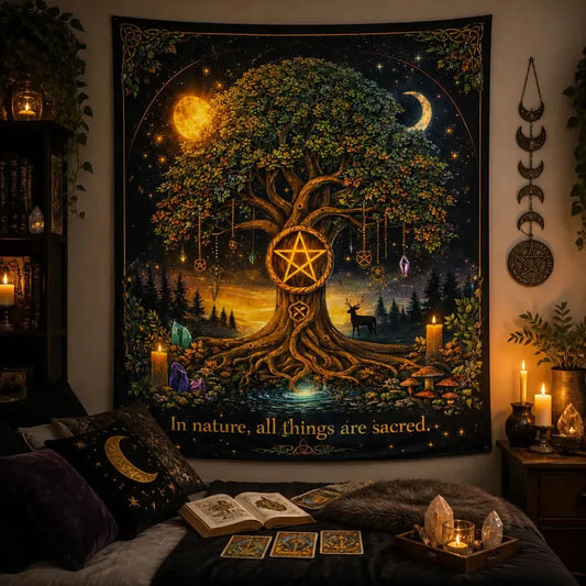 Pagan Pentacle Tree of Life Tapestry with Sun & Moon - Wiccan Altar Wall Hanging_mockup_1.webp