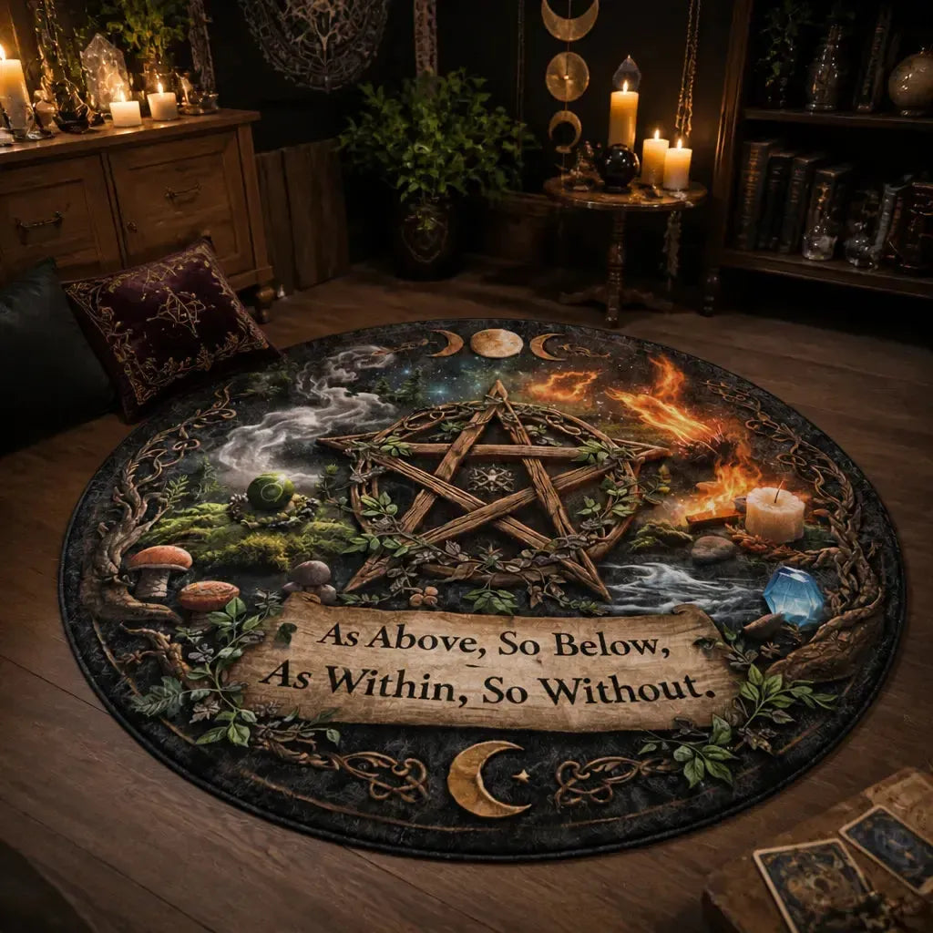 Pagan Pentacle Triple Moon Round Rug As Above So Below Wiccan Carpet_mockup_1.webp