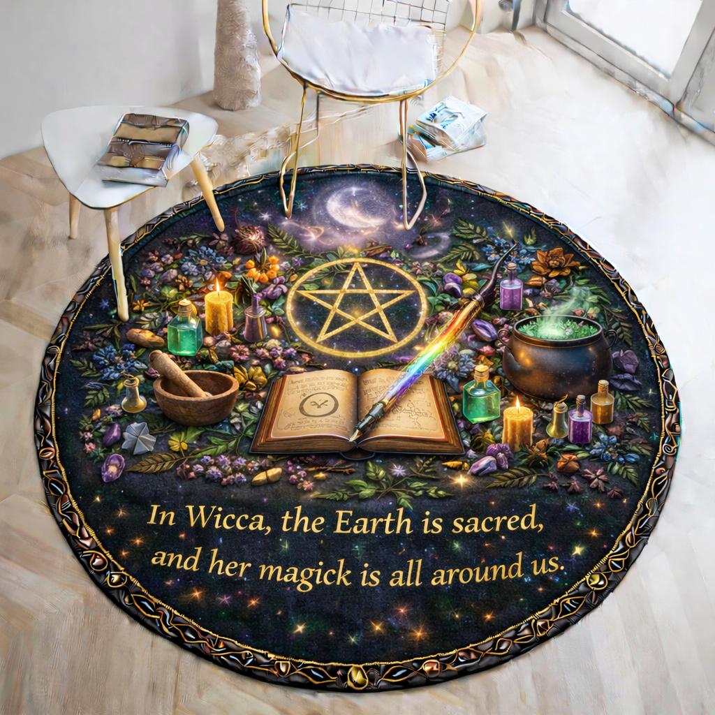 Black round pagan pentacle Wicca rug with candles, potions, open book, and "In Wicca, the Earth is sacred" text.
