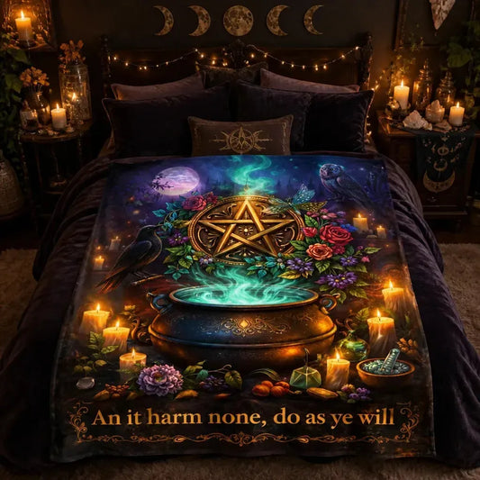 Pagan Pentacle & Witchy Cauldron, Raven, Owl Blanket for Wiccan Home Decor_mockup_1.webp