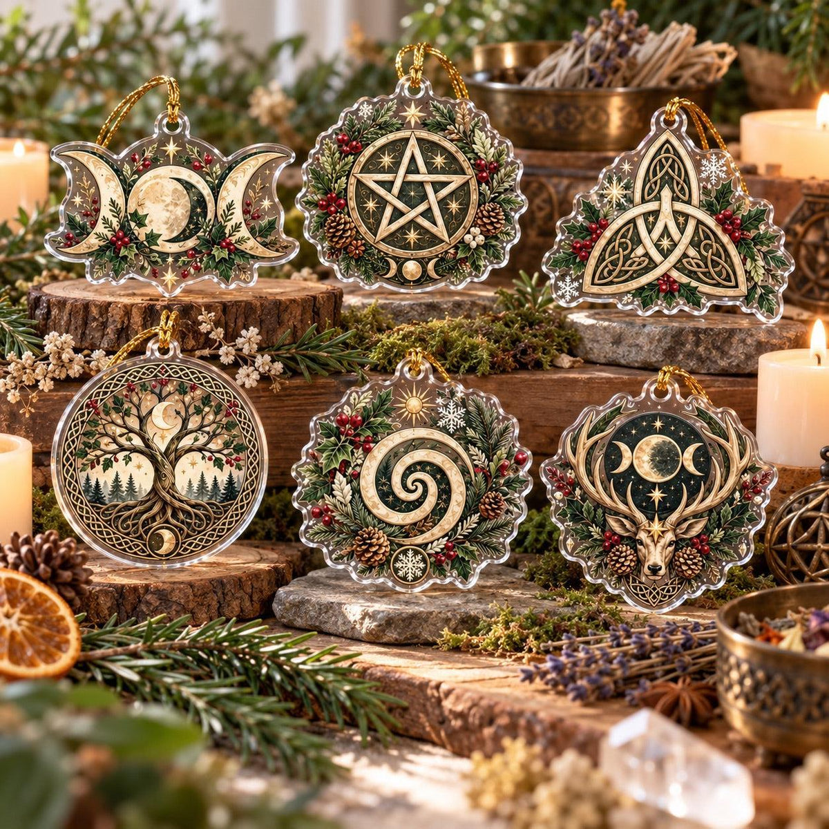 Pagan Symbols of Yule Acrylic Ornament Set – Wiccan Christmas Tree Decor – set of 6, another view