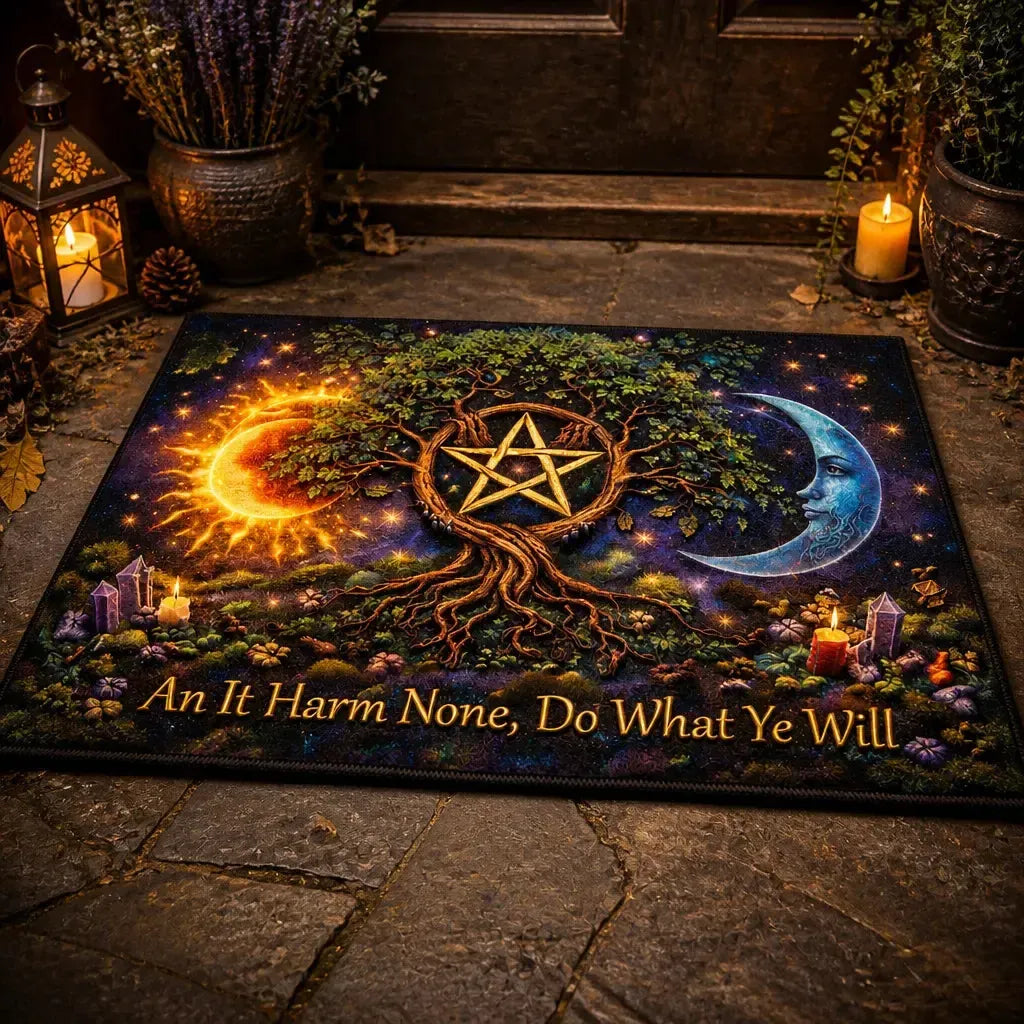 Pagan Tree of Life Doormat with Pentacle, Sun & Moon – Spiritual Wicca Welcome Mat for Mystical Decor_mockup_2.webp