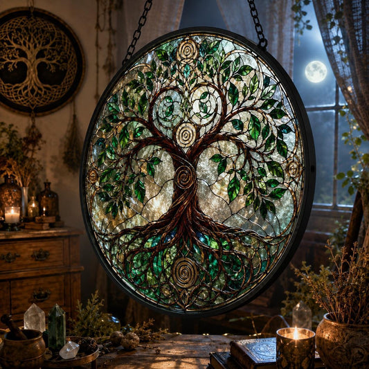 Pagan Tree of Life Glass Suncatcher - close up detail