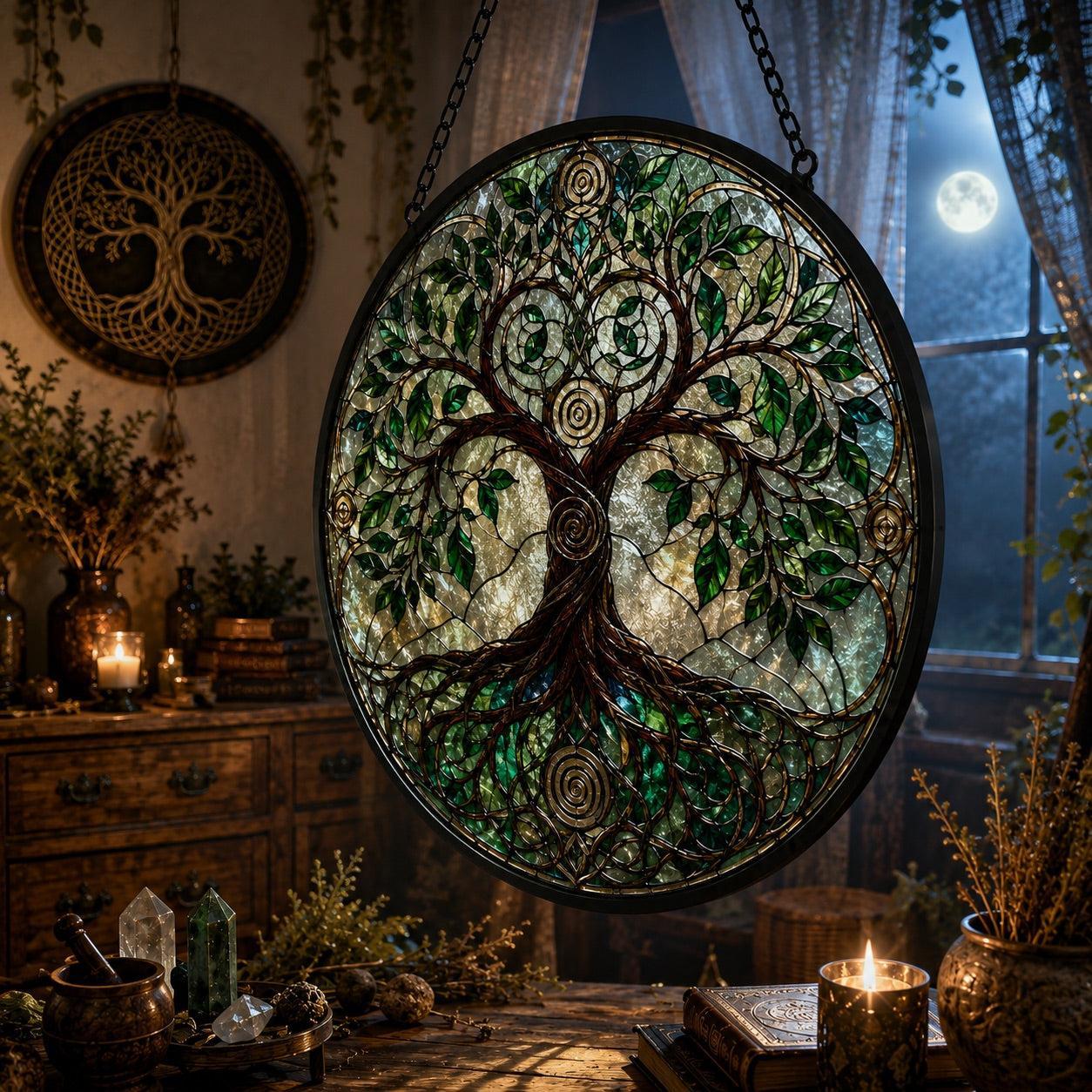 Pagan Tree of Life Glass Suncatcher - sunlight glow