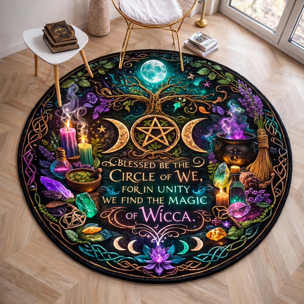 Black round Wicca rug with Triple Moon, Pentacle, Tree of Life, candles, and "Blessed Be The Circle of We" text.