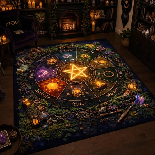 Pagan Wheel of year & Pentagram Area Rug โ Spiritual Wicca Carpet for Witchy Decor_mockup_1.webp