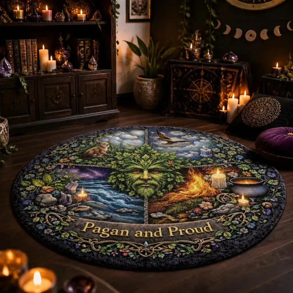 Pagan and Proud Round Rug Green Man Wiccan Carpet for Pagan Yule Home Decor_mockup_1.webp