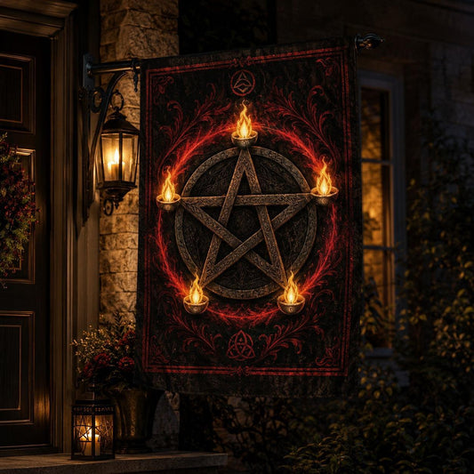 Pentacle Candle Flame house flag with Blood Moon Ring protection design