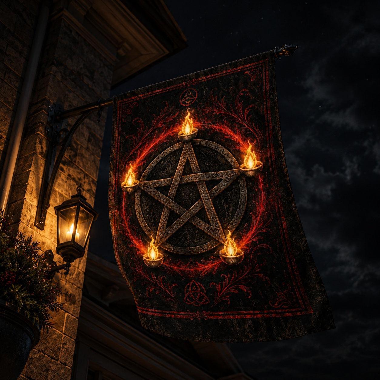 Pentacle Candle Flame house flag mockup hanging outdoors as pagan decor