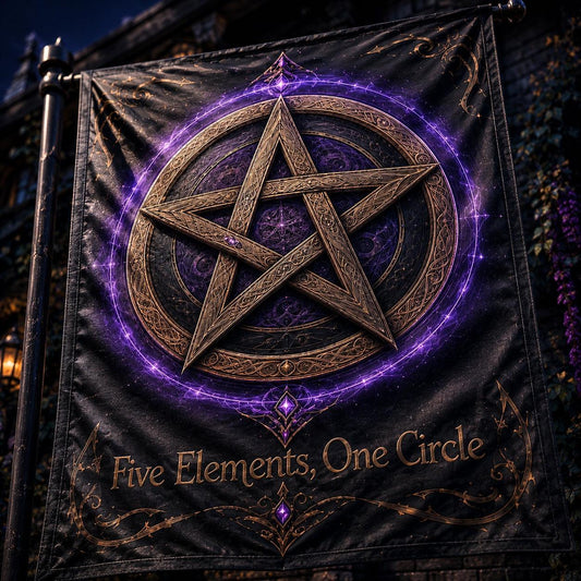 Pentacle Grand Ward house flag displayed outdoors on a garden flag stand