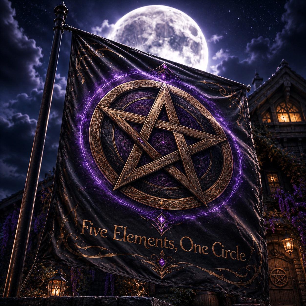 Pentacle Grand Ward house flag mockup hanging outdoors as pagan protection decor
