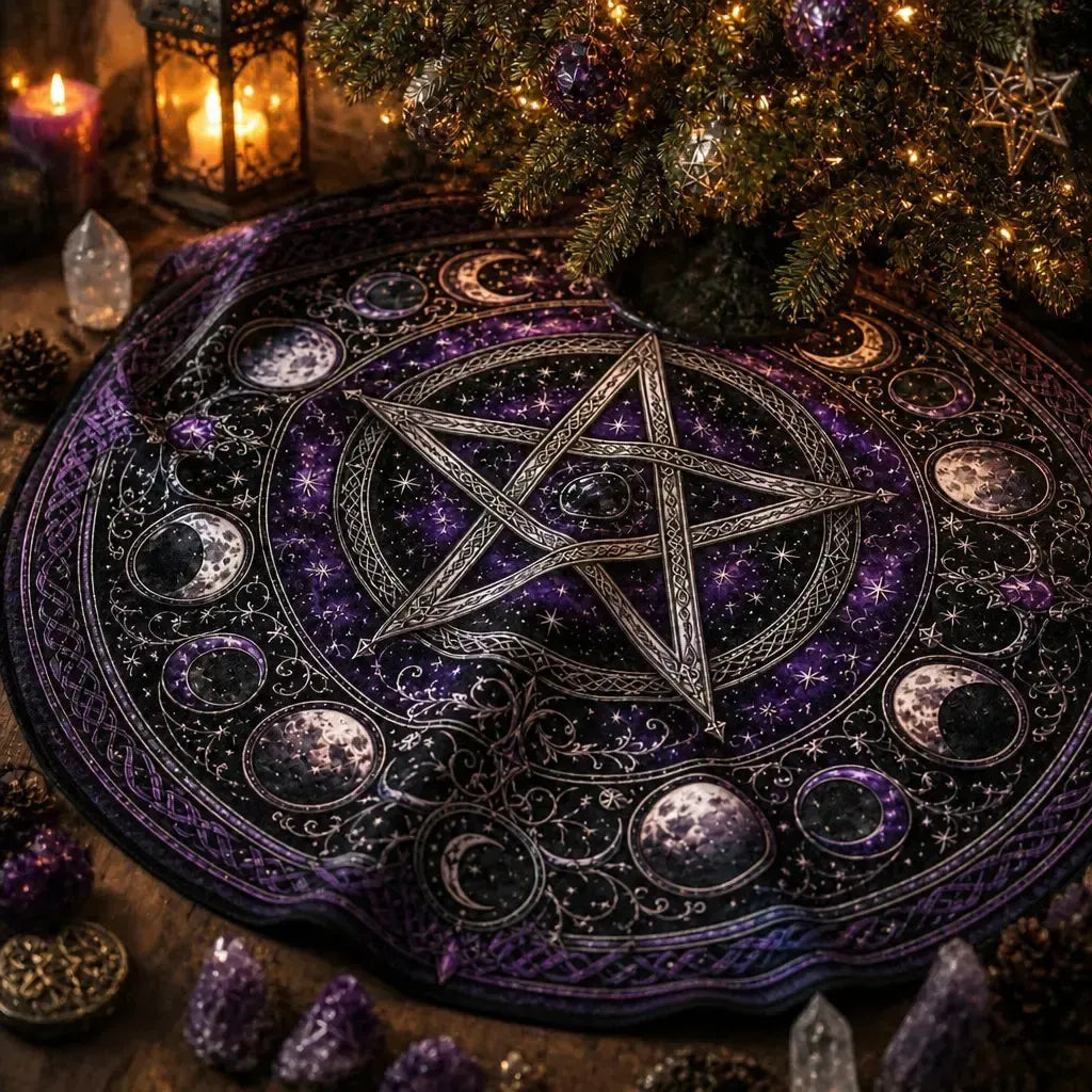 Pentacle Moon Phase Yule Tree Skirt – Pagan Witchy Gothic Decor_mockup_3.webp