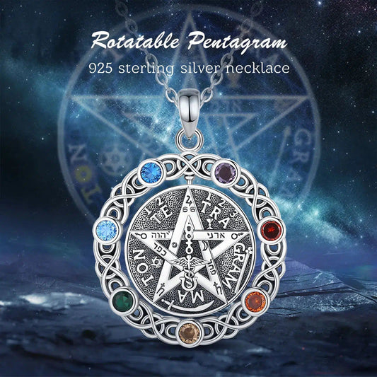 Rotatable 925 sterling silver Pentacle Necklace with 7 vibrant Chakra stones, perfect for mystical protection.