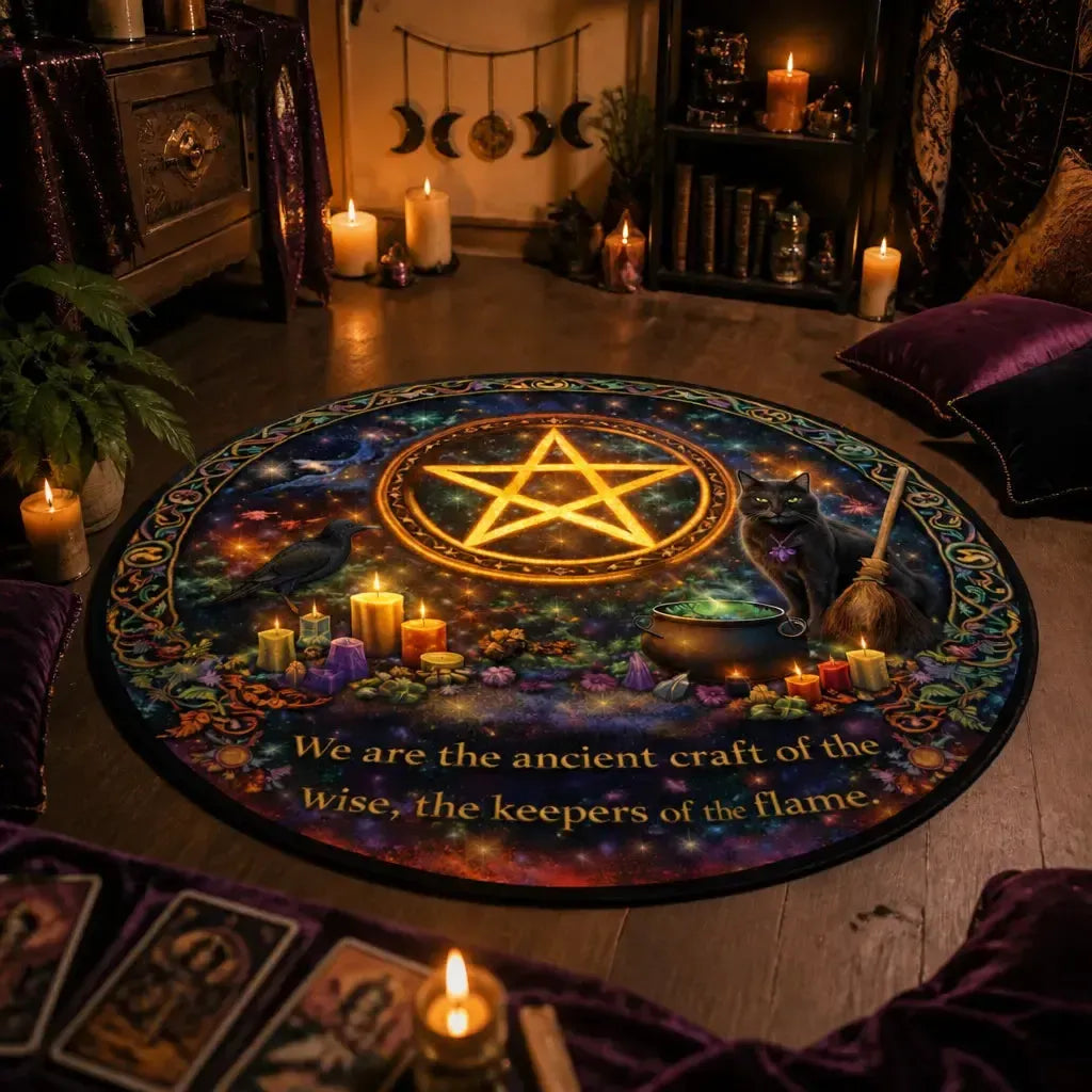 Pentacle Pagan Round Rug Witchcraft Raven and Cat Carpet for Wiccan Home Decor_mockup_1.webp
