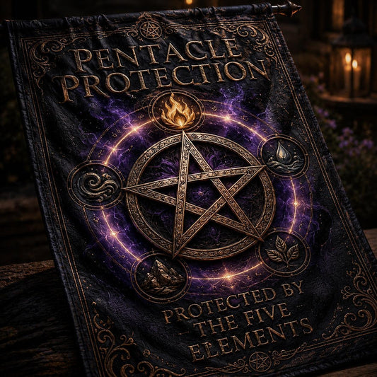 Pentacle Protection house flag displayed outdoors on a garden flag stand