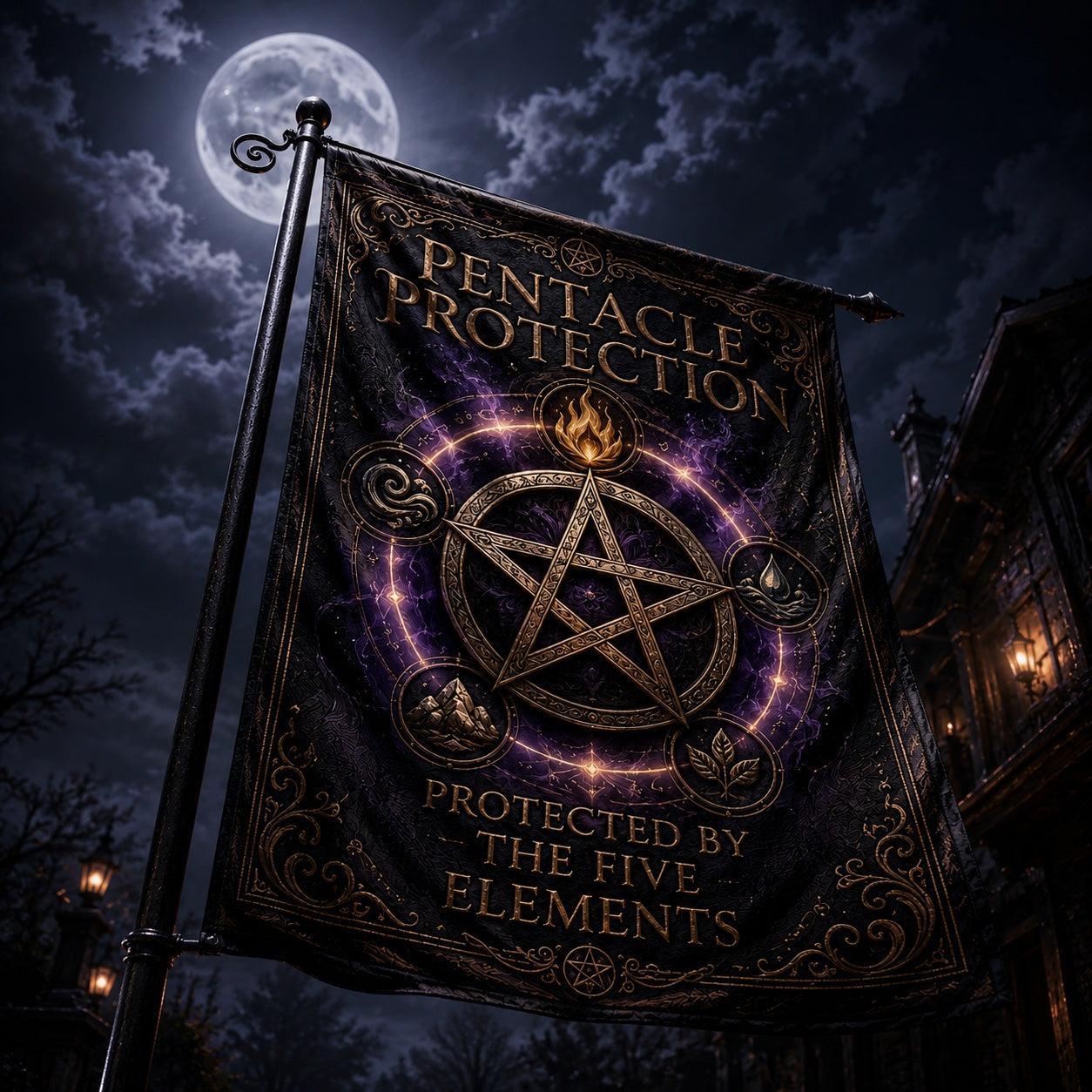 Pentacle Protection house flag mockup hanging outdoors as pagan decor