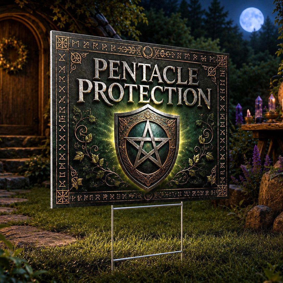 Pentacle Protection Shield Wreath Wicca Yard Sign - porch scene