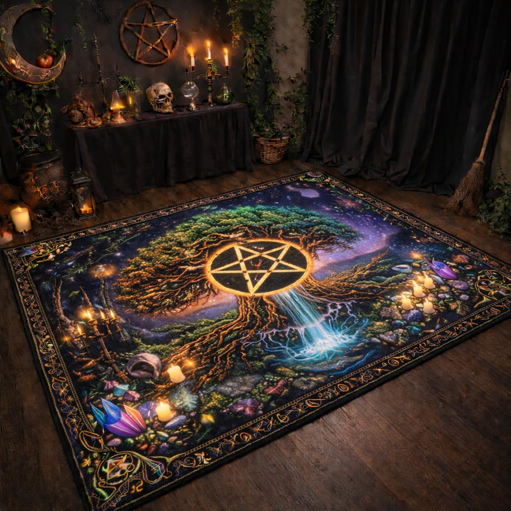 Pentacle Tree of Life Area Rug – Wicca Spiritual Carpet for Pagan Altar Room-MoonChildWorld