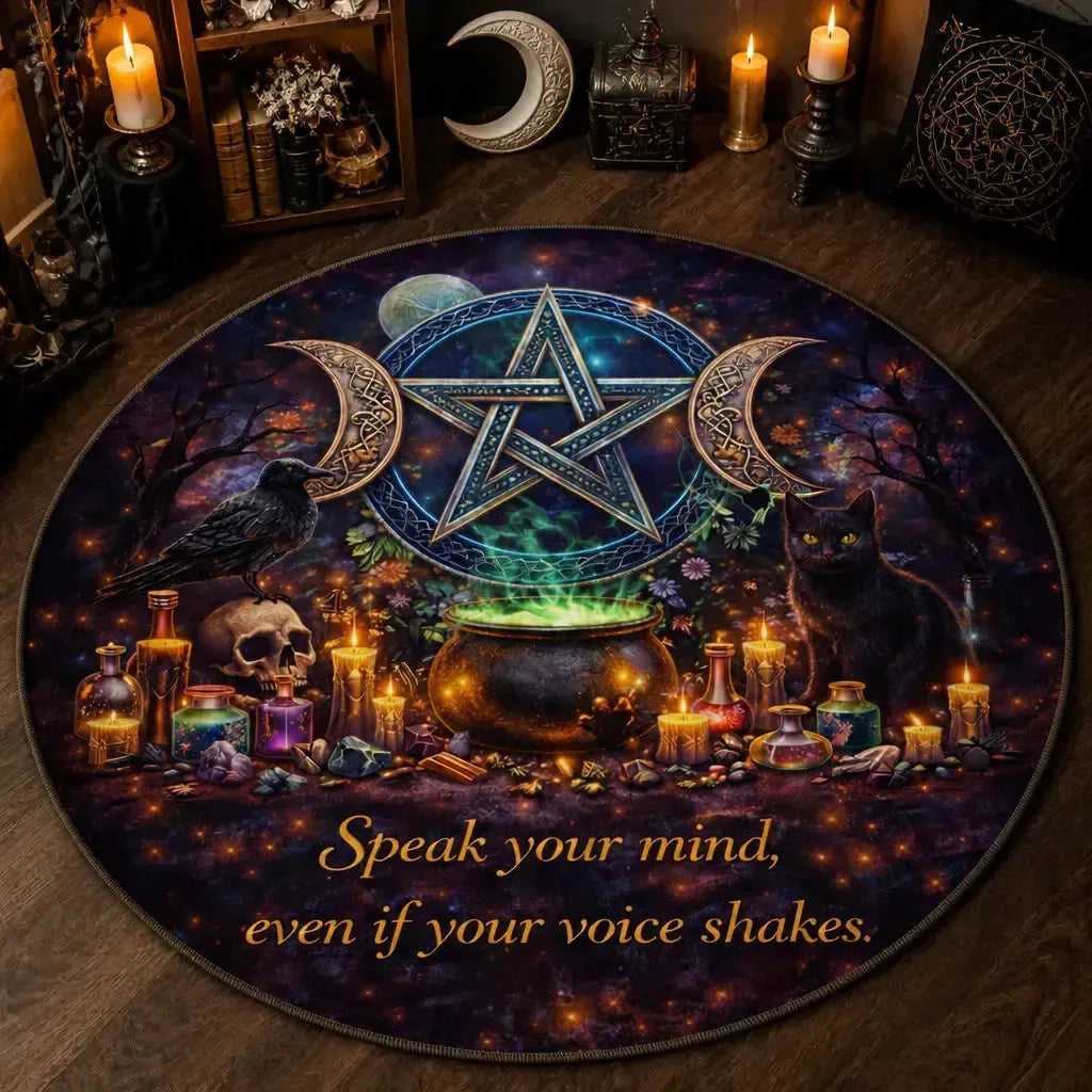 Pentacle Triple Moon Pagan Round Rug Wicca Raven and Cat Carpet for Witchy Home Decor_mockup_3.webp