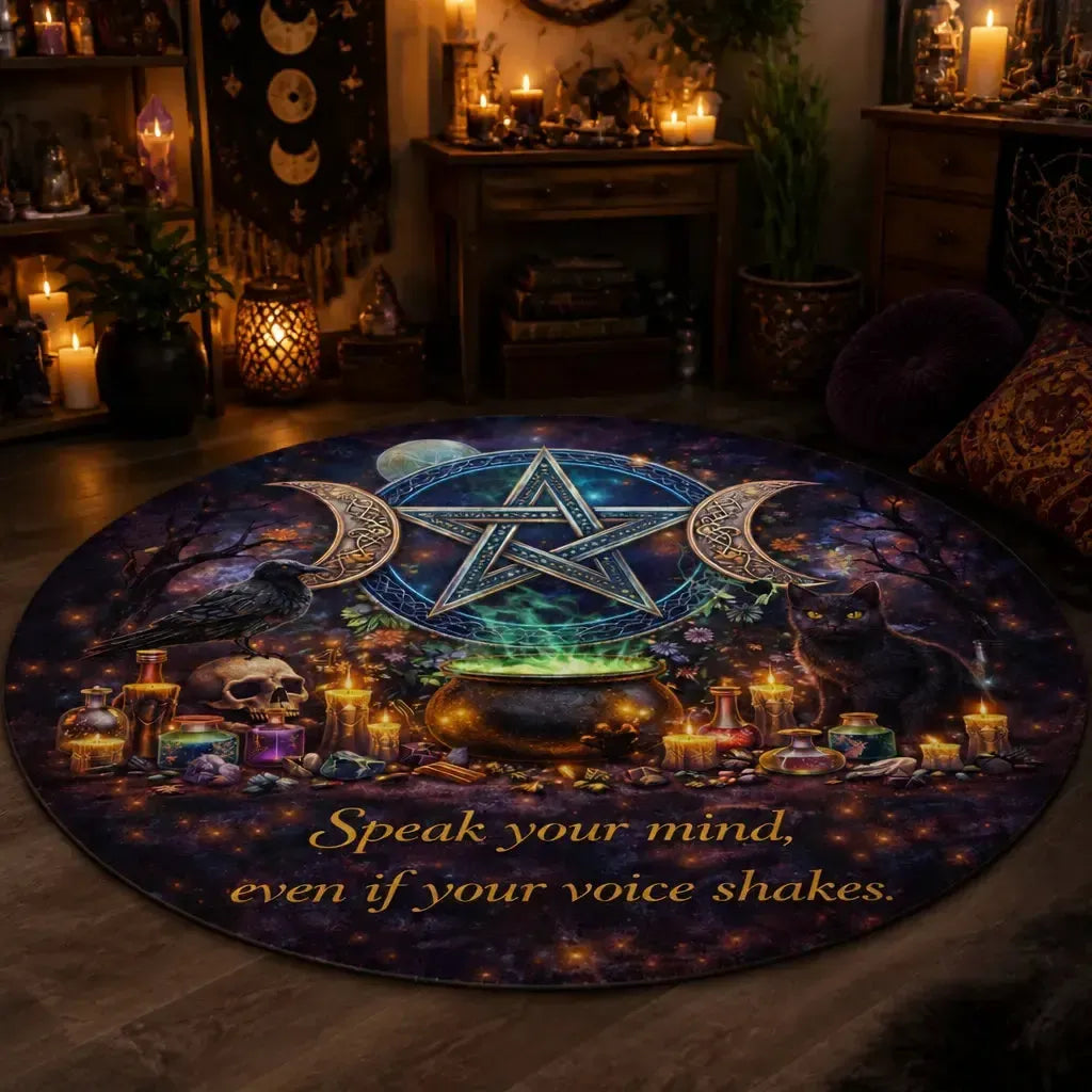 Pentacle Triple Moon Pagan Round Rug Wicca Raven and Cat Carpet for Witchy Home Decor_mockup_1.webp