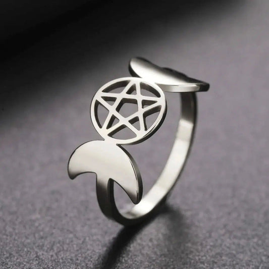 Durable stainless steel Triple Moon Goddess ring with a detailed Pentagram, perfect Wiccan jewelry.