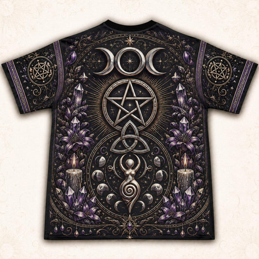 Pentacle Triple Moon Spiral T-Shirt Amethyst Candle Wiccan Tee back view