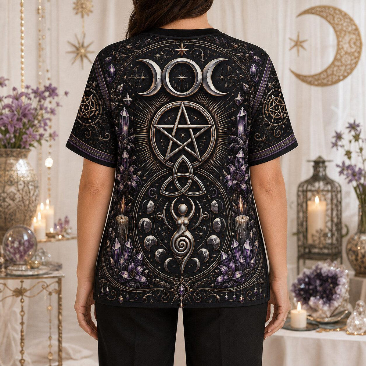 Pentacle Triple Moon Spiral T-Shirt Amethyst Candle Wiccan Tee worn, back view