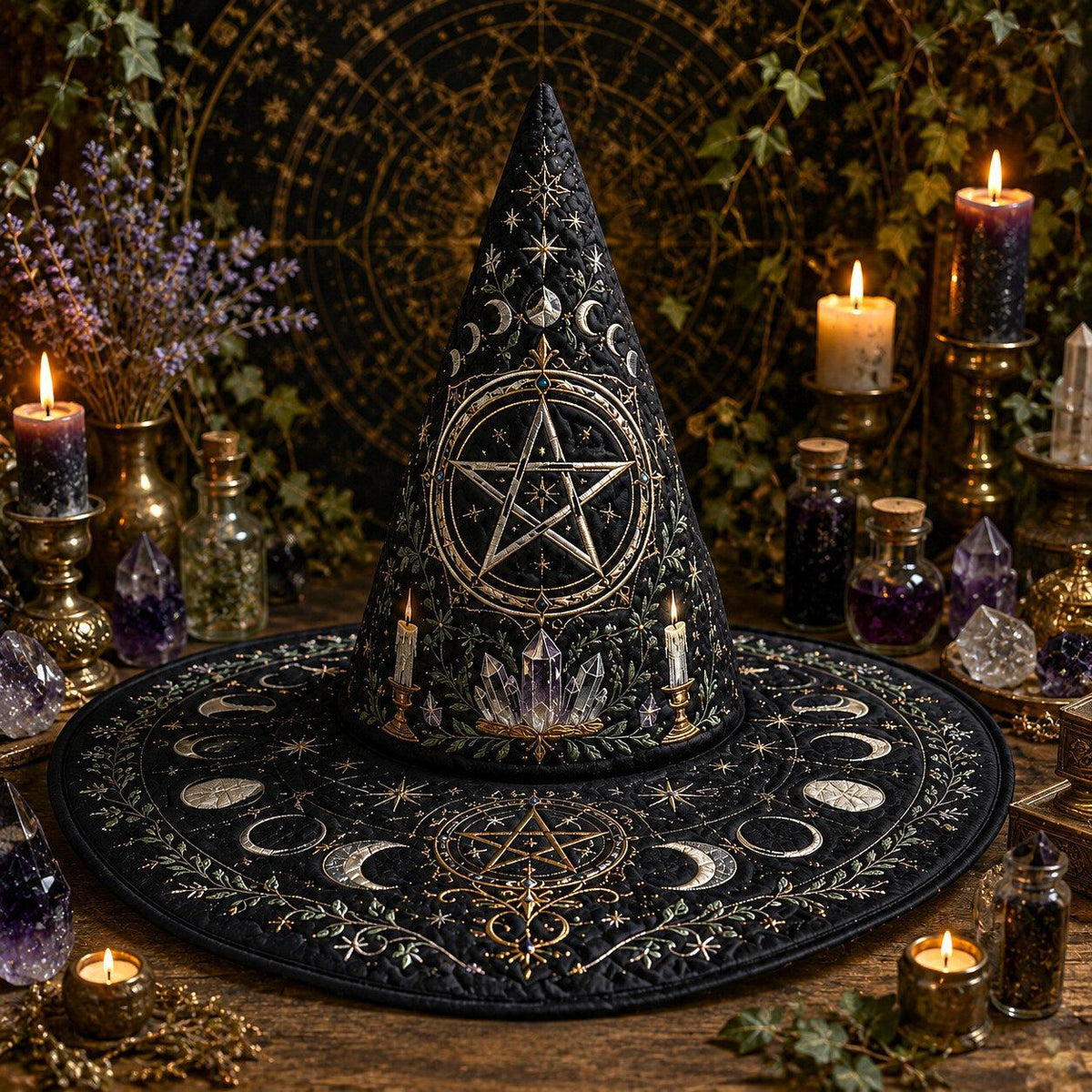 Pentacle Witch Hat – Moon Phase Wiccan Altar Protection Brim Hat – held in both hands
