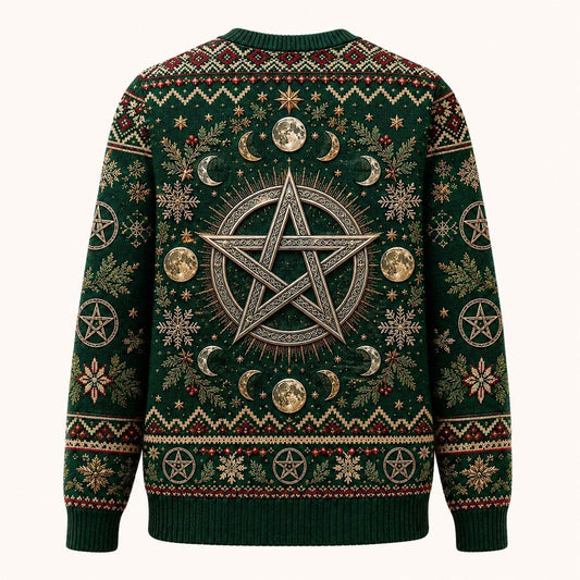 Yule Pentacle Sweater Fir Wreath Candle Winter Pagan Knit back view
