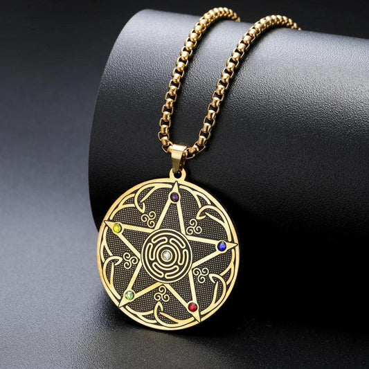 Pentagram Hecate Wheel Necklace with 7 Chakra Stones - Wicca Pagan Celtic Knot Jewelry-MoonChildWorld