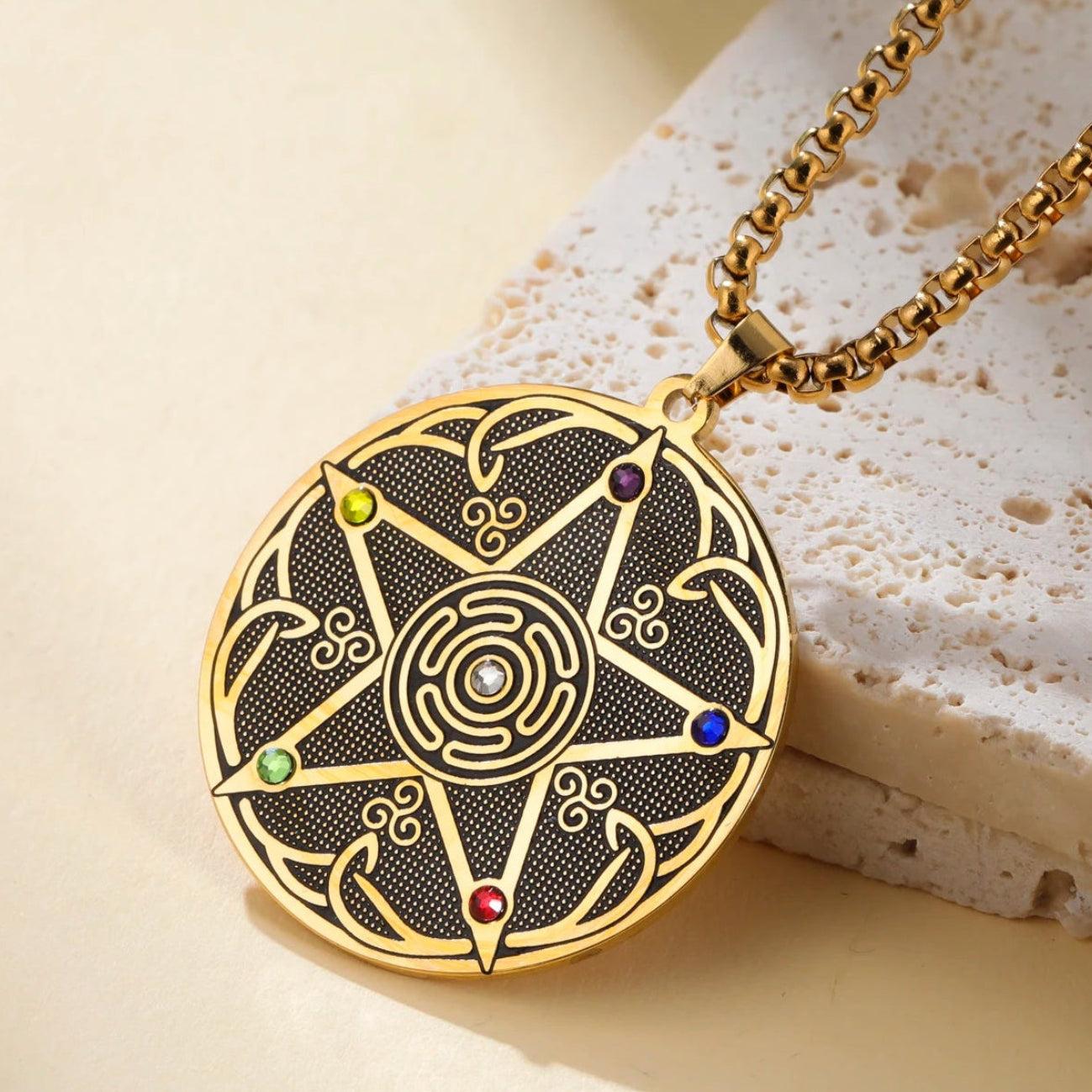 Pentagram Hecate Wheel Necklace with 7 Chakra Stones - Wicca Pagan Celtic Knot Jewelry-MoonChildWorld