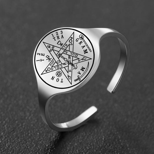 Pentagram talisman ring worn on hand – stainless steel adjustable Wiccan Pagan spiritual protection ring