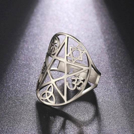 Stainless steel Pentagram Ring with intricate Pagan symbols, including Om and Triquetra, for spiritual protection.