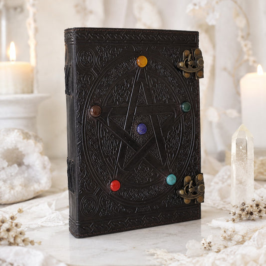 Pentagram Star Stone Leather Journal – Handmade Wiccan Grimoire Large Format – leather journal, back cover view