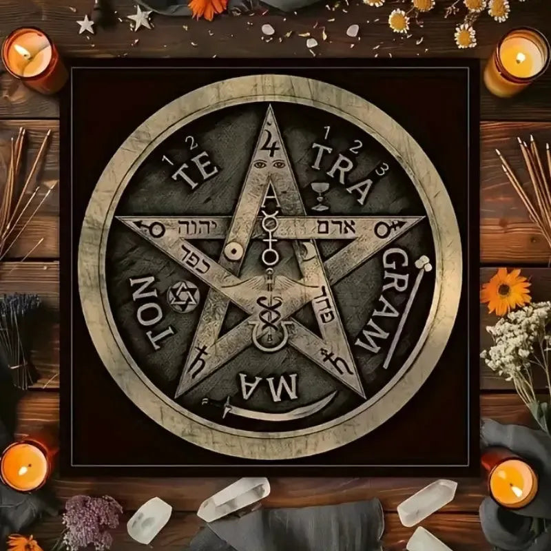 Pentagram Tarot Wheel Altar Cloth with Hebrew Symbols-MoonChildWorld